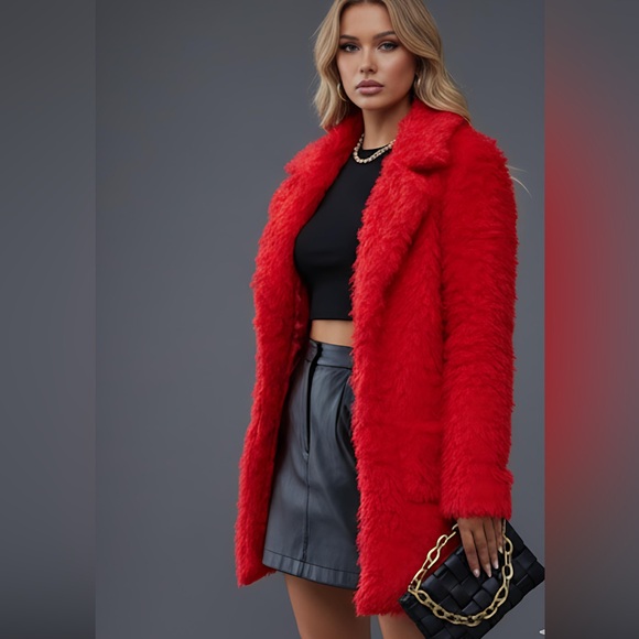 Red Fuzzy Coat With Pockets - Picture 6 of 11